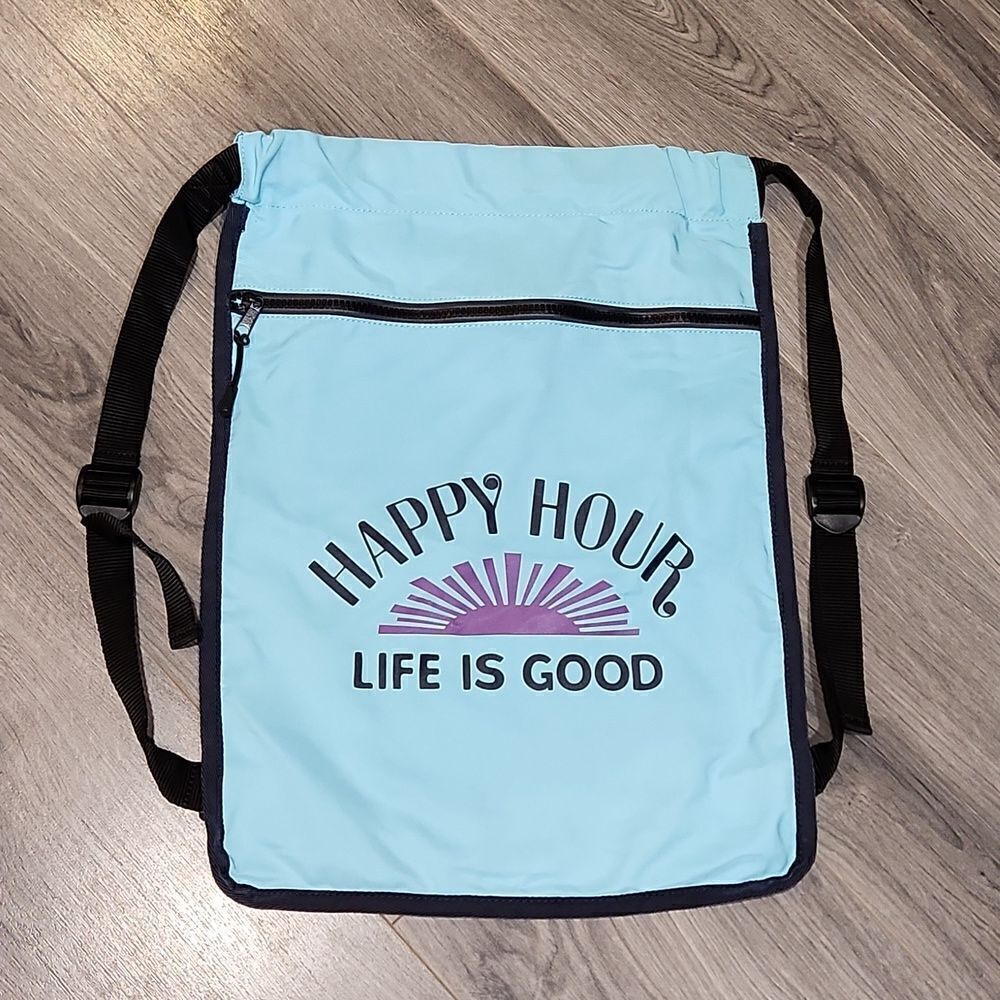 Tiffany Blue HAPPY HOUR LIFE IS GOOD Drawstring Flat Backpack